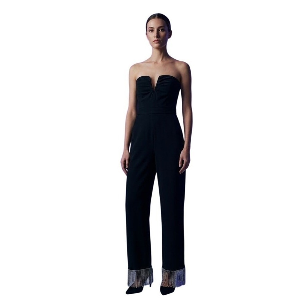 NBD Strapless Jumpsuit Womens S Black Rhinestone Fringe Hem V-Neck Formal Party‎